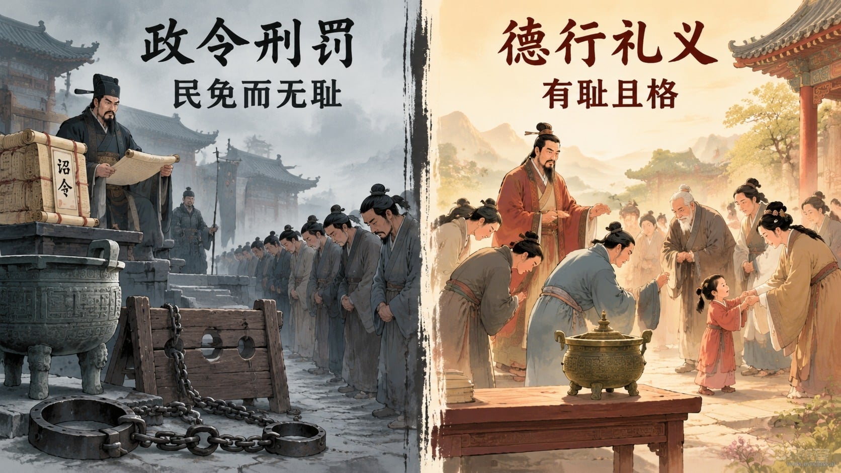 对比示意图:左侧政令刑罚,右侧德行礼义